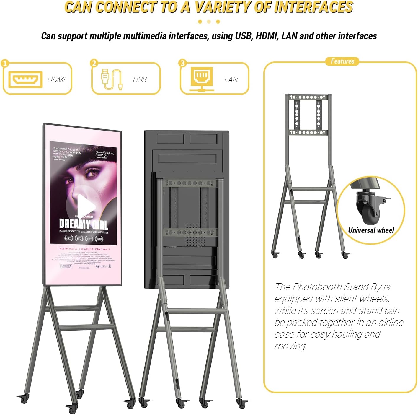 MWE Mobile Digital Signage Display 43in with Flight Case,Portable UHD Touchscreen Advertising Display Kiosk for Video Photo Booth Stand by Series Screen Mirroring (Touch Screen, Metallic, 43in)